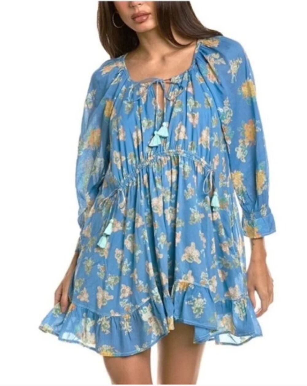 Free People Camella Blue Floral Print Minidress River Combo Tassel Ties Medium